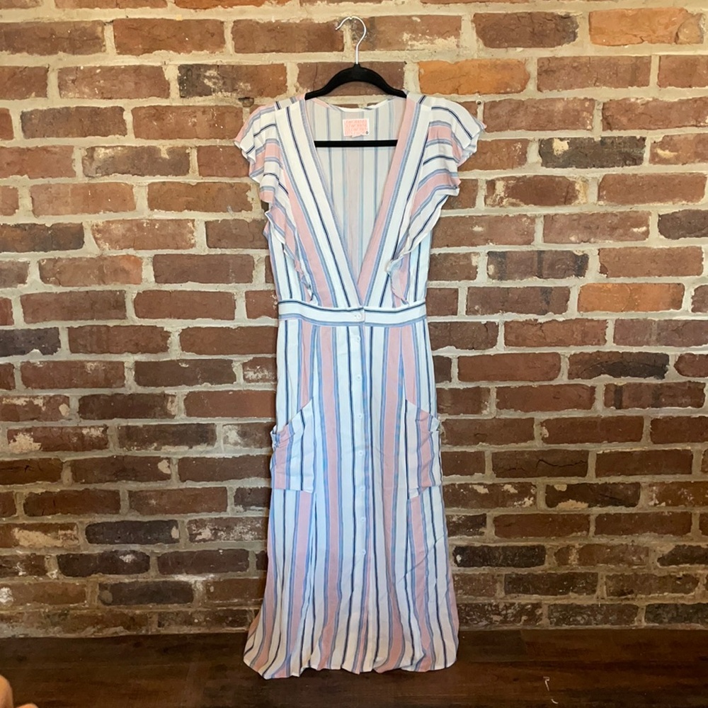 KNEEDLEWORK NWOT, size medium, long dress, blue, pink, white stripes
